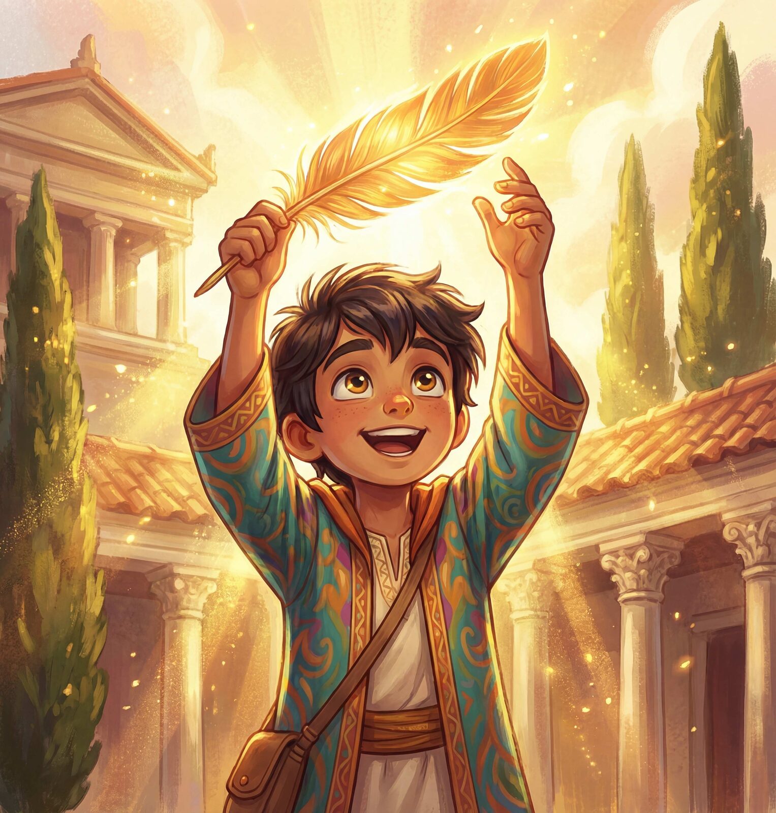Aura holding the golden feather aloft in warm light among Roman columns